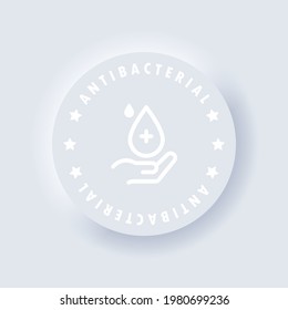 Antibacterial soap icon or antiseptic gel label. Vector. Hygiene product icon. Hand with drop. Toilet bath gel cleaner antibacterial. Antibacterial button. Neumorphic UI UX