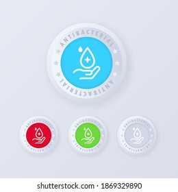 Antibacterial soap icon set. Antibacterial button in 3d style. Hand with drop. Hygiene product icon. Vector illustration