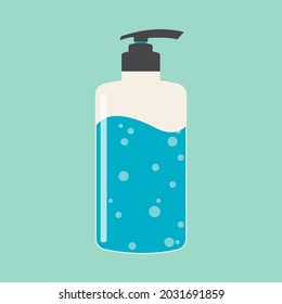 Antibacterial soap in plastic packaging for hand washing. Disinfection and hygiene with liquid and soap products. Blue colors. Vector.