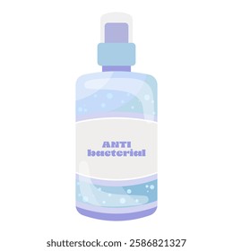 Antibacterial spray bottle icon. Transparent plastic container with label. Used for hand sanitation and disinfection