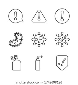 antibacterial spray can and coronavirus protective measures icon set over white background, line style, vector illustration