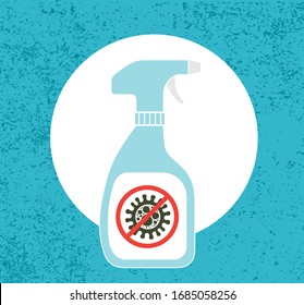 Antibacterial spray for covid-19 coronavirus. Bottle of disinfectant killing virus cells.