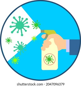 Antibacterial spray for covid-19 coronavirus. Prevent virus attack. Hand holds bottle with sanitizer dispenser. Disinfection cleaning by alcohol spray. Icon Vector illustration design.