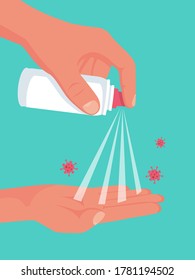 Antibacterial spray for hand disinfection. Man holds bottle of antiseptic. Disinfectant concept. Vector illustration flat design. Preventive coronavirus Covid-19. Personal hygiene. Washing alcohol.