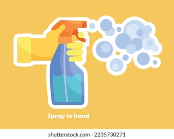 Antibacterial spray sticker. Cleanliness and cleaning of apartment, daily activities and routine. Poster or banner for website, graphic element. Hygiene product. Cartoon flat vector illustration