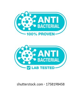 Antibacterial stamp - 100 percents proven and lab tested - vector isolated sign for antiseptic cosmetics and medical pharmaceutical products