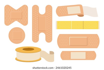 Antibacterial strips, sticky patches to fix bloody wound, medical plasters set isolated on white