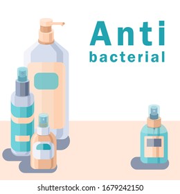 Antibacterial text on white backdrop. Antiseptic bottles set for social banner, hygiene promotion, medical poster, info card. Household goods store logo. Minimal style stock vector illustration