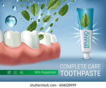 Antibacterial toothpaste ads. Vector 3d Illustration with toothpaste and mind leaves. Poster with product.