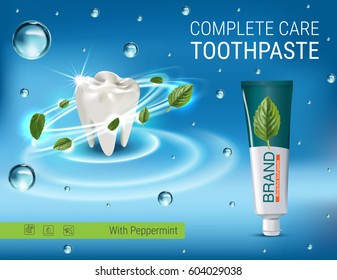 Antibacterial toothpaste ads. Vector 3d Illustration with toothpaste and mind leaves. Poster with product.