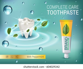 Antibacterial toothpaste ads. Vector 3d Illustration with toothpaste and mind leaves. Poster with product.