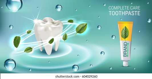 Antibacterial toothpaste ads. Vector 3d Illustration with toothpaste and mind leaves. Horizontal banner with product.