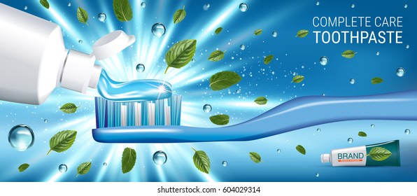 Antibacterial toothpaste ads. Vector 3d Illustration with toothpaste and mind leaves. Horizontal banner with product.