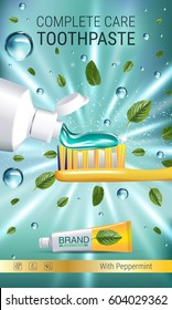 Antibacterial toothpaste ads. Vector 3d Illustration with toothpaste, brush and mind leaves. Vertical banner with product.
