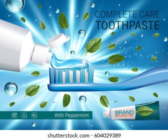 Antibacterial toothpaste ads. Vector 3d Illustration with toothpaste, brush and mind leaves. Poster with product.