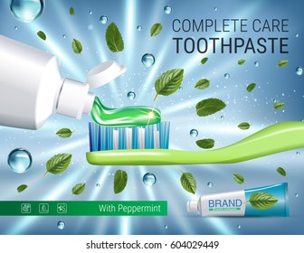 Antibacterial toothpaste ads. Vector 3d Illustration with toothpaste, brush and mind leaves. Poster with product.