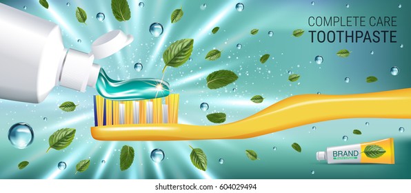 Antibacterial toothpaste ads. Vector 3d Illustration with toothpaste and mind leaves. Horizontal banner with product.