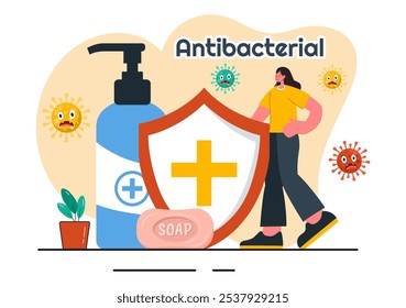 Antibacterial Vector Illustration of Handwashing, Virus Prevention, and Microbe Control for Hygiene and Healthcare in a Flat Style Background