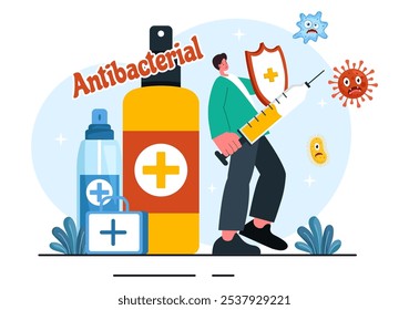 Antibacterial Vector Illustration of Handwashing, Virus Prevention, and Microbe Control for Hygiene and Healthcare in a Flat Style Background