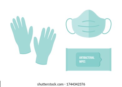 Antibacterial wipes, medical face mask, rubber gloves vector icons, illustration. Coronavirus, covid-19 protection measures.