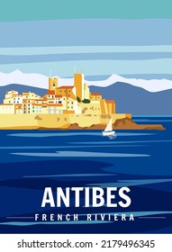 Antibes Fortress French Riviera Retro Poster. Tropical coast scenic view, palm, Mediterranean marine, sea town.