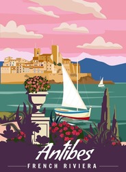 Antibes Französisch Riviera Retro Poster. Panoramasicht Auf Die Tropische Küste, Palmen, Mittelmeer, Meer Stadt, Segelboot.