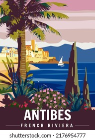 Antibes Französisch Riviera Retro Poster. Panoramasicht auf die tropische Küste, Palmen, Mittelmeer, Meer Stadt.