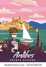 Antibes French Riviera Retro Poster. Tropical coast scenic view, palm, Mediterranean marine, sea town, sailboat.