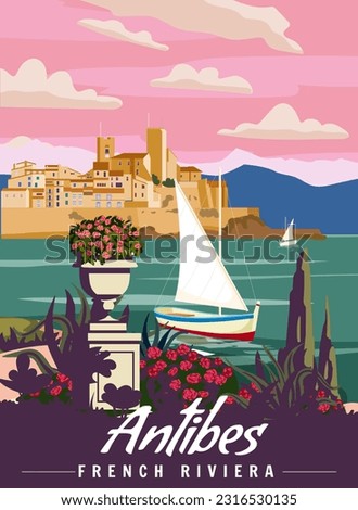 Antibes French Riviera Retro Poster. Tropical coast scenic view, palm, Mediterranean marine, sea town, sailboat.