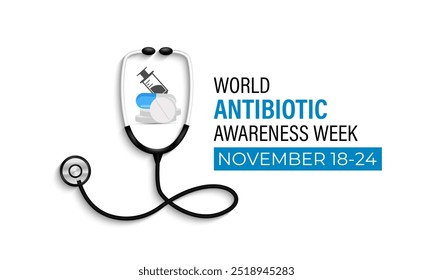 Semana de conscientização de antibióticos observada todos os anos em 18 a 24 de novembro. Mês mundial da sensibilização antimicrobiana. Ilustração vetorial. Cartaz do banner e modelo de design de fundo.