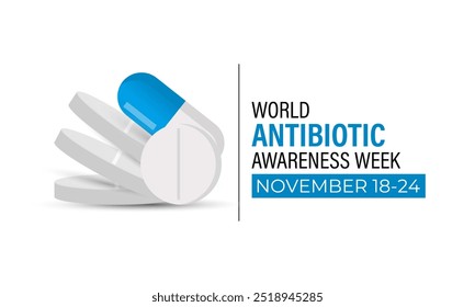 Semana de conscientização de antibióticos observada todos os anos em 18 a 24 de novembro. Mês mundial da sensibilização antimicrobiana. Ilustração vetorial. Cartaz do banner e modelo de design de fundo.