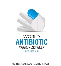 Semana de conscientização de antibióticos observada todos os anos em 18 a 24 de novembro. Mês mundial da sensibilização antimicrobiana. Ilustração vetorial. Cartaz do banner e modelo de design de fundo.