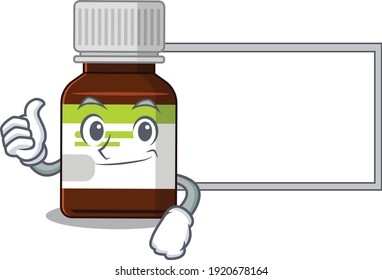 Antibiotic bottle cartoon design with Thumbs up finger bring a white board