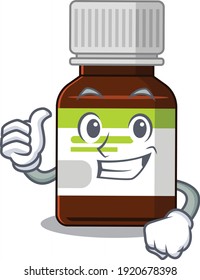 Antibiotic bottle cartoon design with Thumbs up finger bring a white board