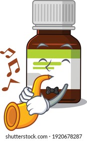 Antibiotic bottle musician of cartoon design playing a trumpet
