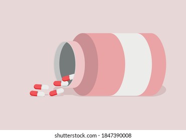 Antibiotic bottle with red and white pills.