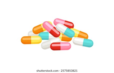 Antibiotic in capsules. Pile of colorful pills. Vector cartoon flat illustration of medication.