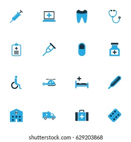 Antibiotic Colorful Icons Set. Collection Of Crutch, Form, Listener And Other Elements. Also Includes Symbols Such As Clinic, Equipment, Thermometer.