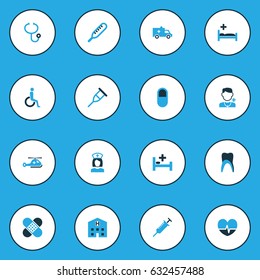 Antibiotic Colorful Icons Set. Collection Of Thermometer, Tooth, Clinic And Other Elements. Also Includes Symbols Such As Car, Spike, Tool.