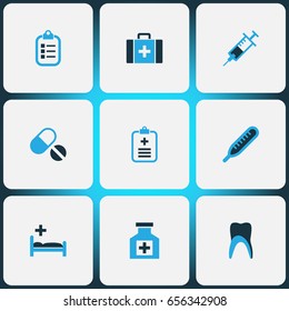 Antibiotic Colorful Icons Set. Collection Of Medicine Chest, Temperature, Tablets And Other Elements. Also Includes Symbols Such As Medical, Case, Record.