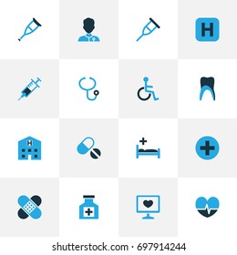Antibiotic Colorful Icons Set. Collection Of Vaccine, Stethoscope, Tablets And Other Elements. Also Includes Symbols Such As Building, Pulse, Stand.