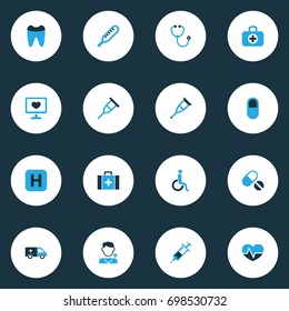 Antibiotic Colorful Icons Set. Collection Of Medical Data, Vaccine, Thermometer And Other Elements. Also Includes Symbols Such As Crutch, Syringe, Healthy.
