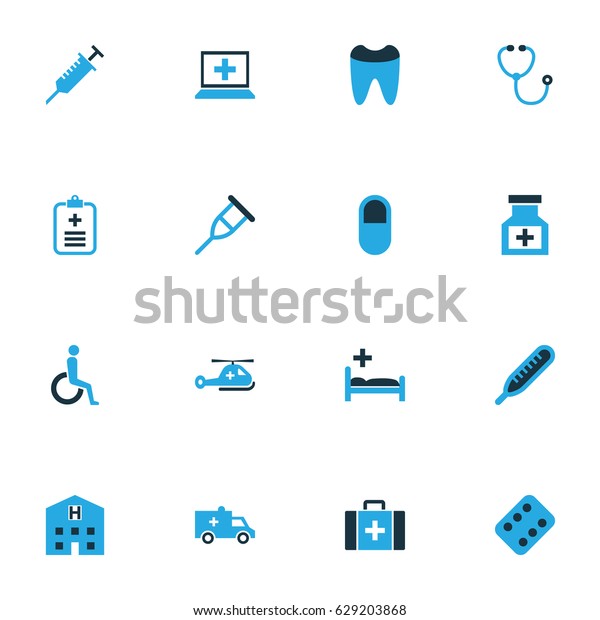 Antibiotic Colorful Icons Set. Collection Of\
Crutch, Form, Listener And Other Elements. Also Includes Symbols\
Such As Clinic, Equipment,\
Thermometer.