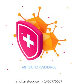 Antibiotic drug resistance concept. Bacteria hiding behind a medical shield. Vector illustration isolated on white background in isometric projection