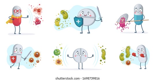 Antibiotic fight bacteria and virus. Strong antibiotics pills with shield protect from bacterias, medical pill vs viruses vector cartoon illustration set. Medical antibiotic character care with shield