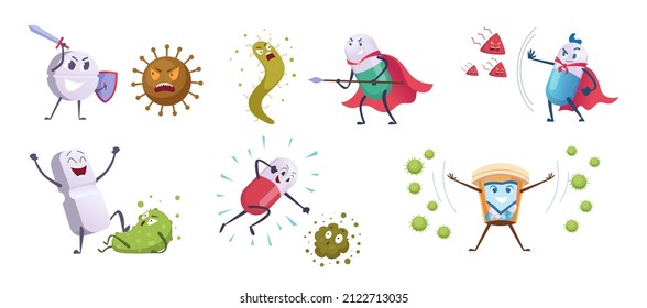 Antibiotic fight characters. Virus funny symbols healthy protection concept illustration of antibiotic damaged bacterias care pills exact vector cartoon illustration set