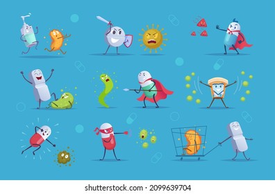 Antibiotic fighters. Healthy medical concept antibiotic characters destroyed viruses treatment exact vector cartoon persons in action poses