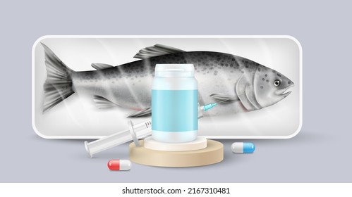 Antibiotic for fish production vector illustration. Preservatives and pharmaceutical additive for seafood. Herring in pack and pills, syringe with injection, medicines capsule realistic 3d design