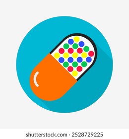 Antibiotic flat icon isolated on circular colored background with long shadow. For sign, symbol, infographics, presentation or web graphics.