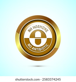 Antibiotic free icon design illustration, No antibiotic label. Organic, healthy, natural, Gold color round button design